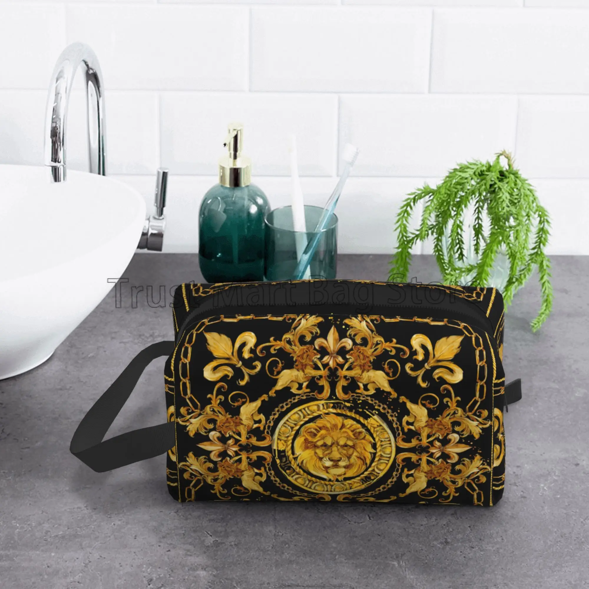 Golden Lion Baroque Print Makeup Bag Large Portable Lightweight Travel Toiletry Organizer Zipper Cosmetic Pouch for Women Men