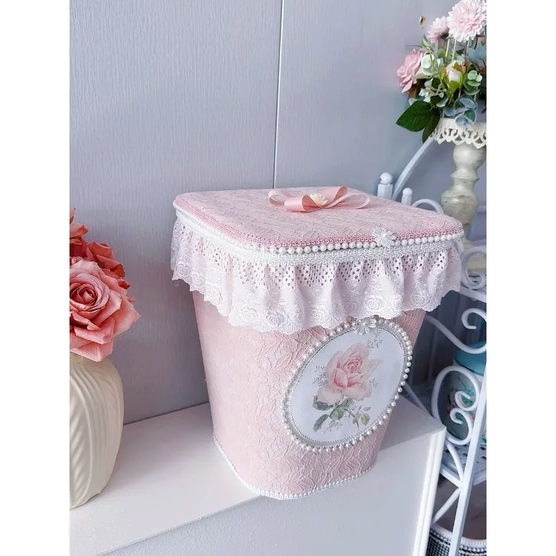 Large new size trash can cotton lace storage bucket fashion creative wastebasket sundries pearl ribbon storage