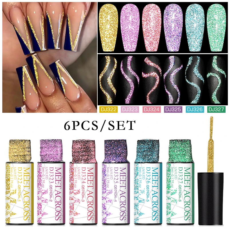 

MEET ACROSS 6Pcs/Set Reflective Line Gel Nail Polish Glitter Colorful Nail Art Liner UV Gel DIY Painting Drawing Varnish Kits