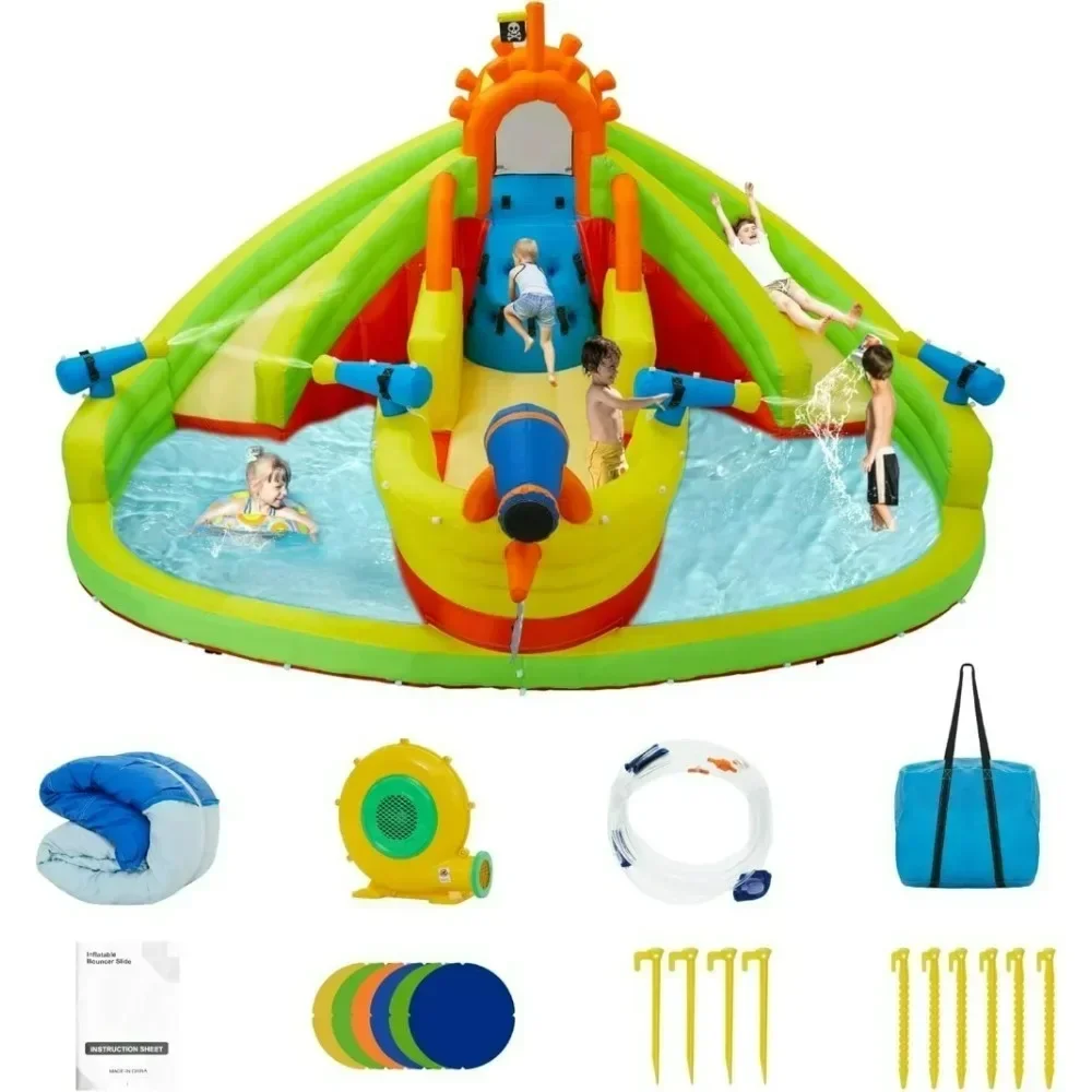 % un Glissière d'eau inflable, pistolas en eau, mur d'escalade, gran piscina équipée d'un ventilador,