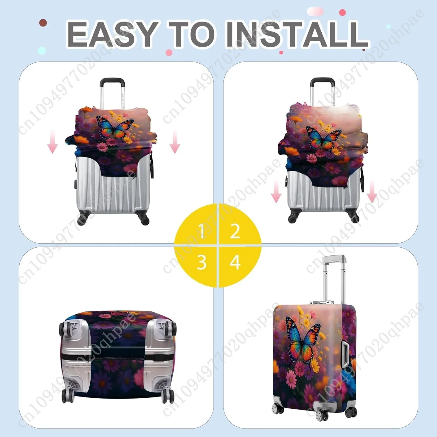 غطاء أمتعة على شكل فراشة نابضة بالحياة، تصميم زهور ملون مع فراشة قوس قزح، غطاء سفر قابل للتمدد وقابل للغسل f #6