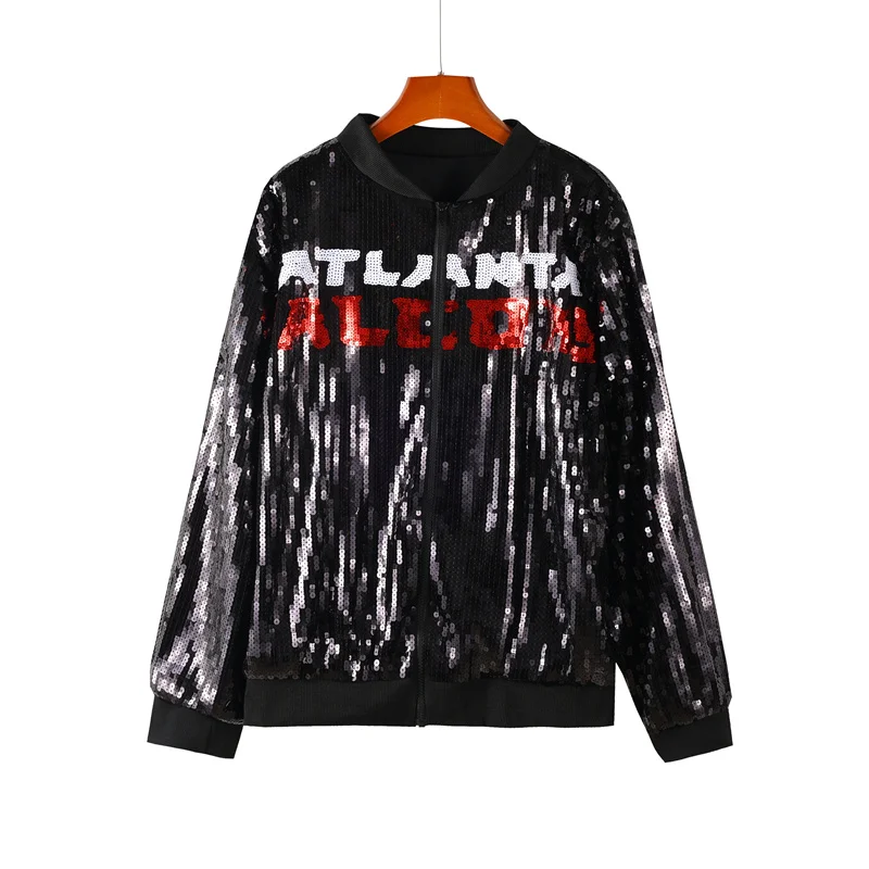 Autumn New Fashion Long Sleeve Sequins Streetwear Letter Female Jackets Round Neck Hip Hop Straight High Quality Women's Coats