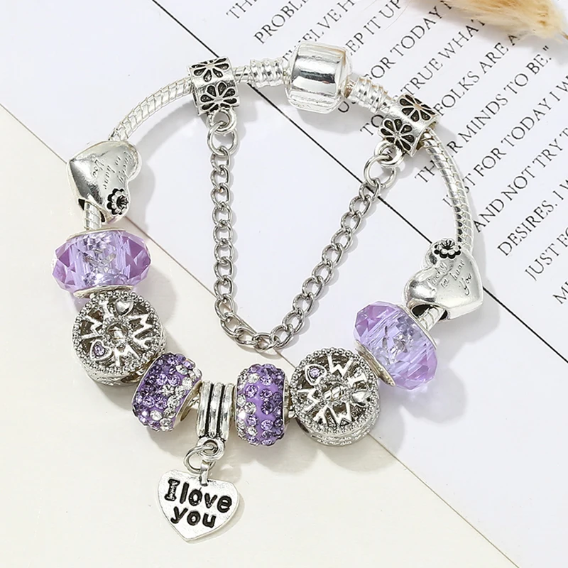 Purple Crystal Heart Beads Charm Bracelet With 