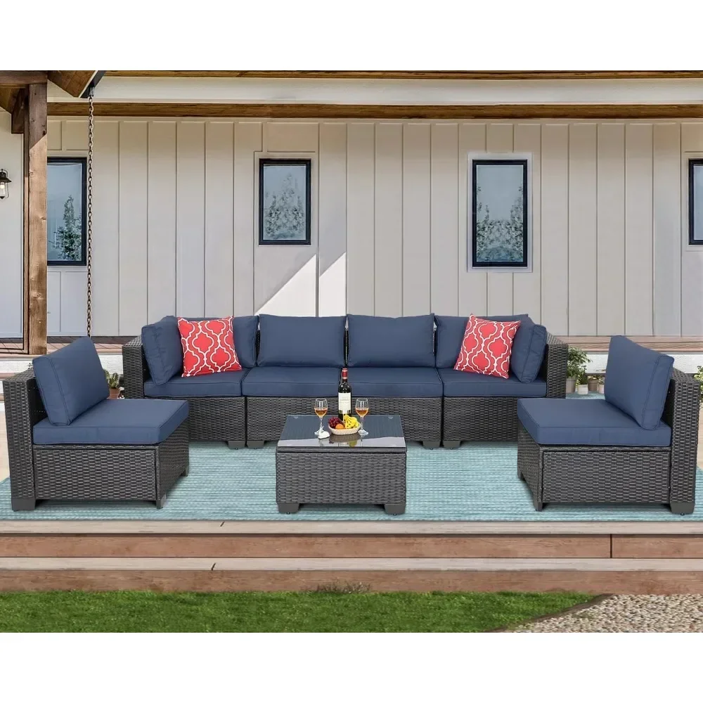 Outdoor Rattan Wicker Conversation Sofa Garden Sectional Sets Coffee Table for Porch Poolside Navy, Garden Sofas