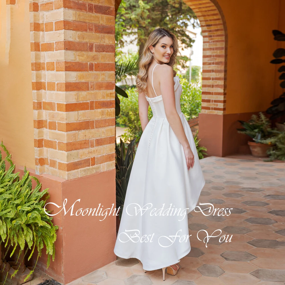 Elegant High/Low A-Line Wedding Dress Strapless Bow Open Back Spaghetti Straps Buttons Bridal Gown Vestidos De Novia Customized