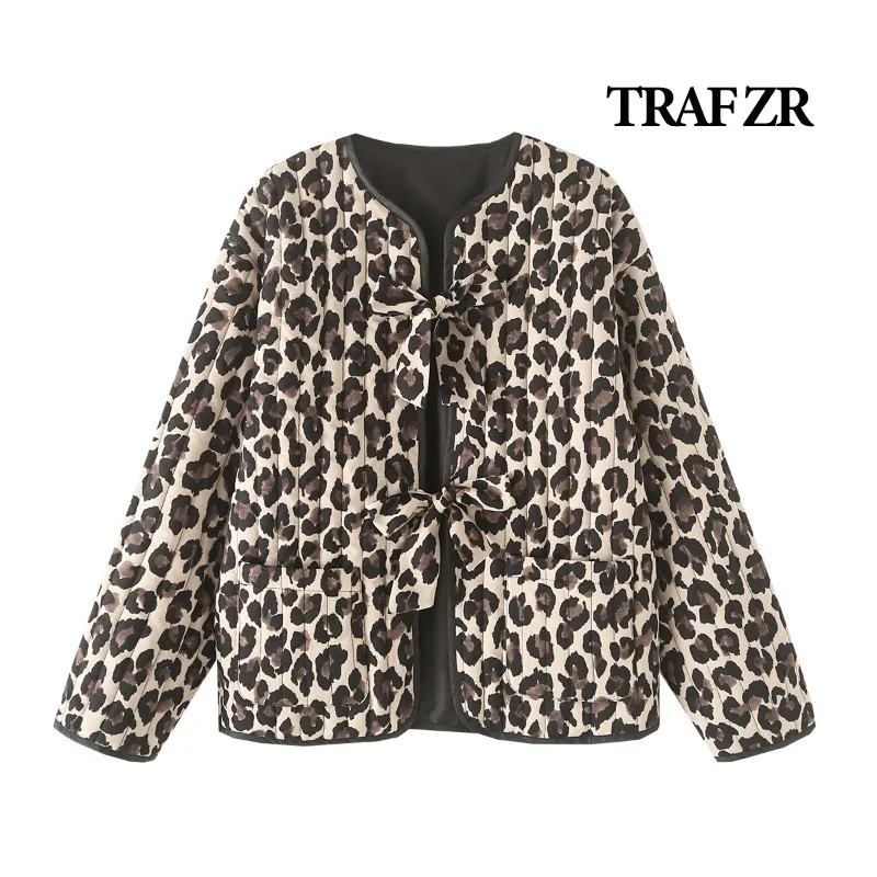 TRAF ZR Snow Parka American Retro Leopard Print Parka Warm Woman Winter Coats Winter Parkas for Women Lace-up Padded Coat