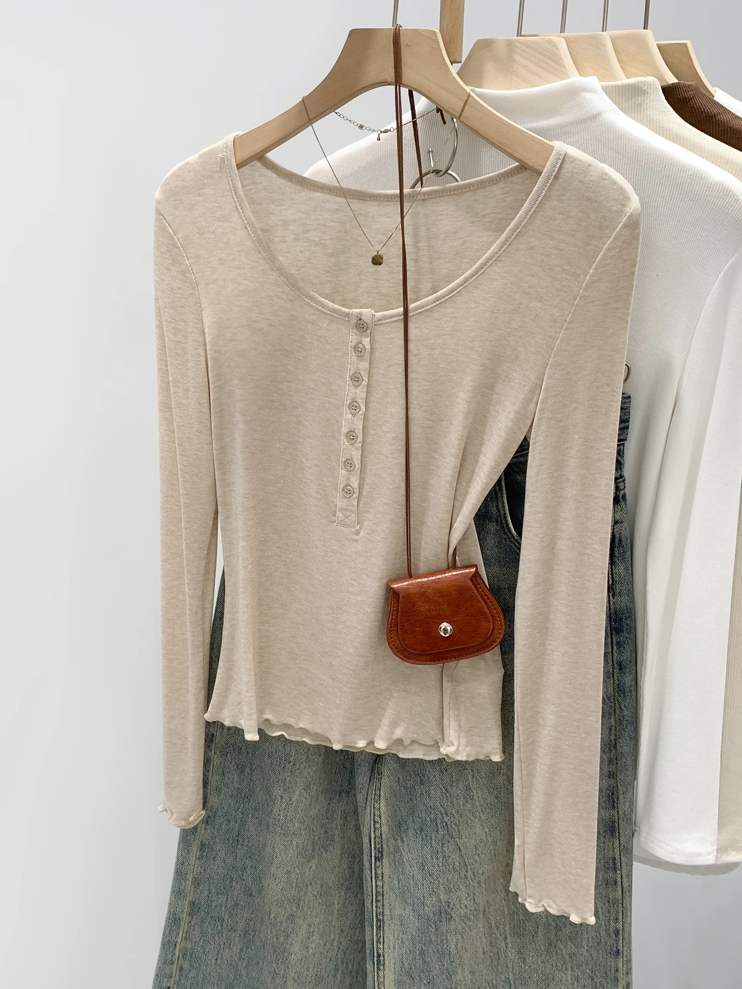 Pink Rylee Wool Oats Color U-neck Base Shirt T-shirt Women Winter Slim Low-neck Inner Beauty Thin Top Commute Style Long Sleeve
