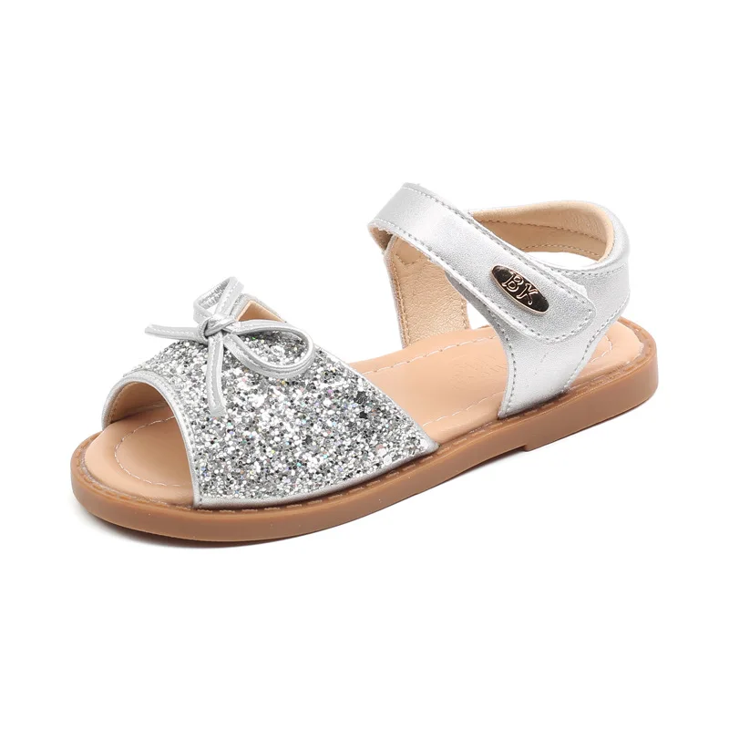 Mädchen Kristall Sandalen 2024 Sommer neue ausländische Stil Pailletten Leder Kinder sandalen rutsch feste Einzels chuhe Kinderschuhe