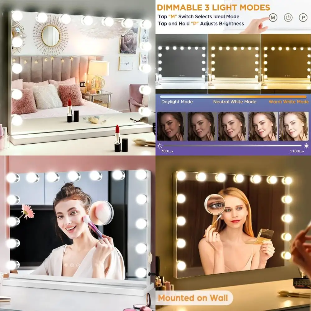 

Dimmable 15LED Hollywood Vanity Mirror with 3 Lighting Modes, Large Desk Makeup Mirror for Professional Use