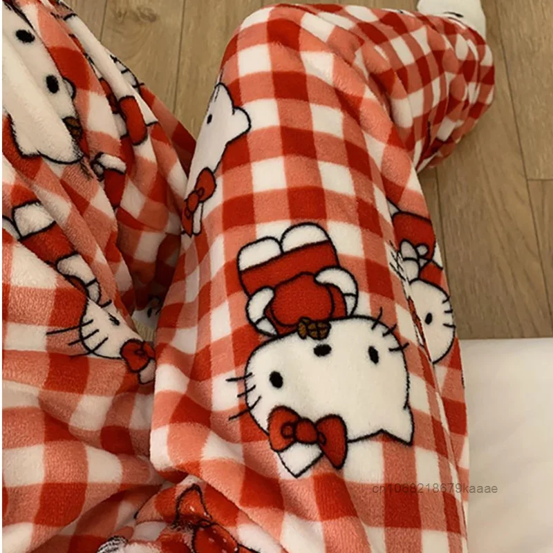 Sanrio Hello Kitty calças de flanela para mulheres, veludo coral quente, calça casual, pijama doce dos desenhos animados, inverno, novo