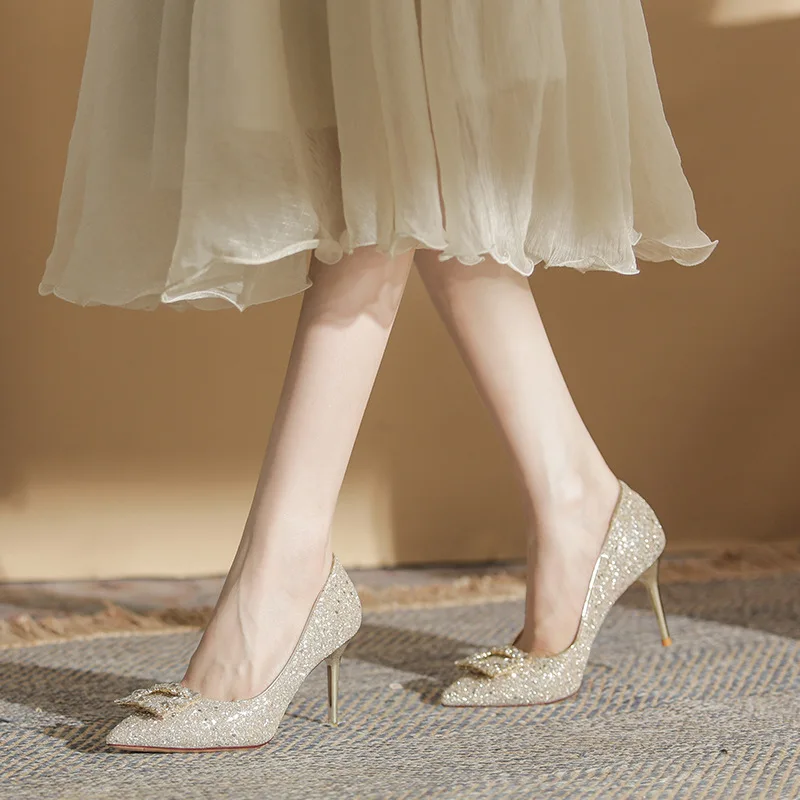 

Женские туфли-лодочки и туфли на каблуке высотой 8,5 см, высококачественные, роскошные, со стразами, с квадратной пряжкой, свадебные туфли для женщин, модные туфли на тонком каблуке