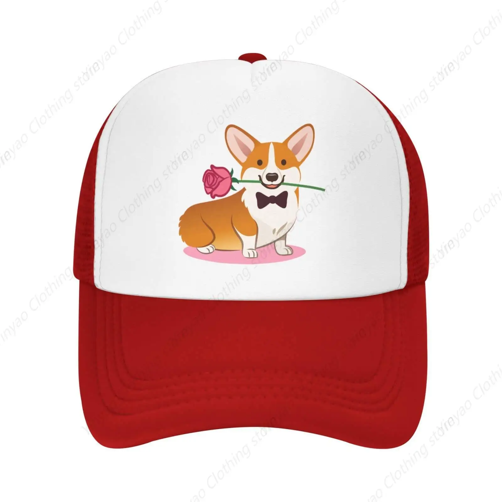 

Mesh Dad Hat Adjustable Washed Corgi Dog with Rose Pink Baseball Dad Cap Funny Distressed Ball Trucker Cap for Women Men Unisex