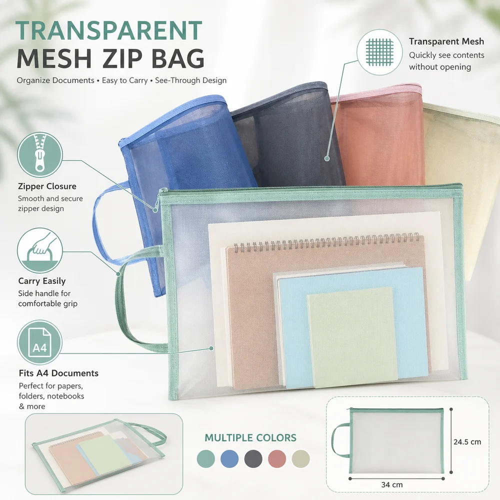 New Nylon Mesh Zip Bag A4 Zipper Closure Document Storage Bag Transparent Dust Resistant File Folders Document Organization