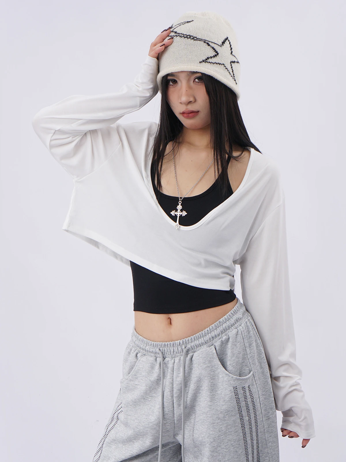 White Sun Protection Cover up Tank Top Two Piece Set Hiphop Street Dance Jazz Outerwear Sporty Ladies T-Shirt V Neck Short Le...