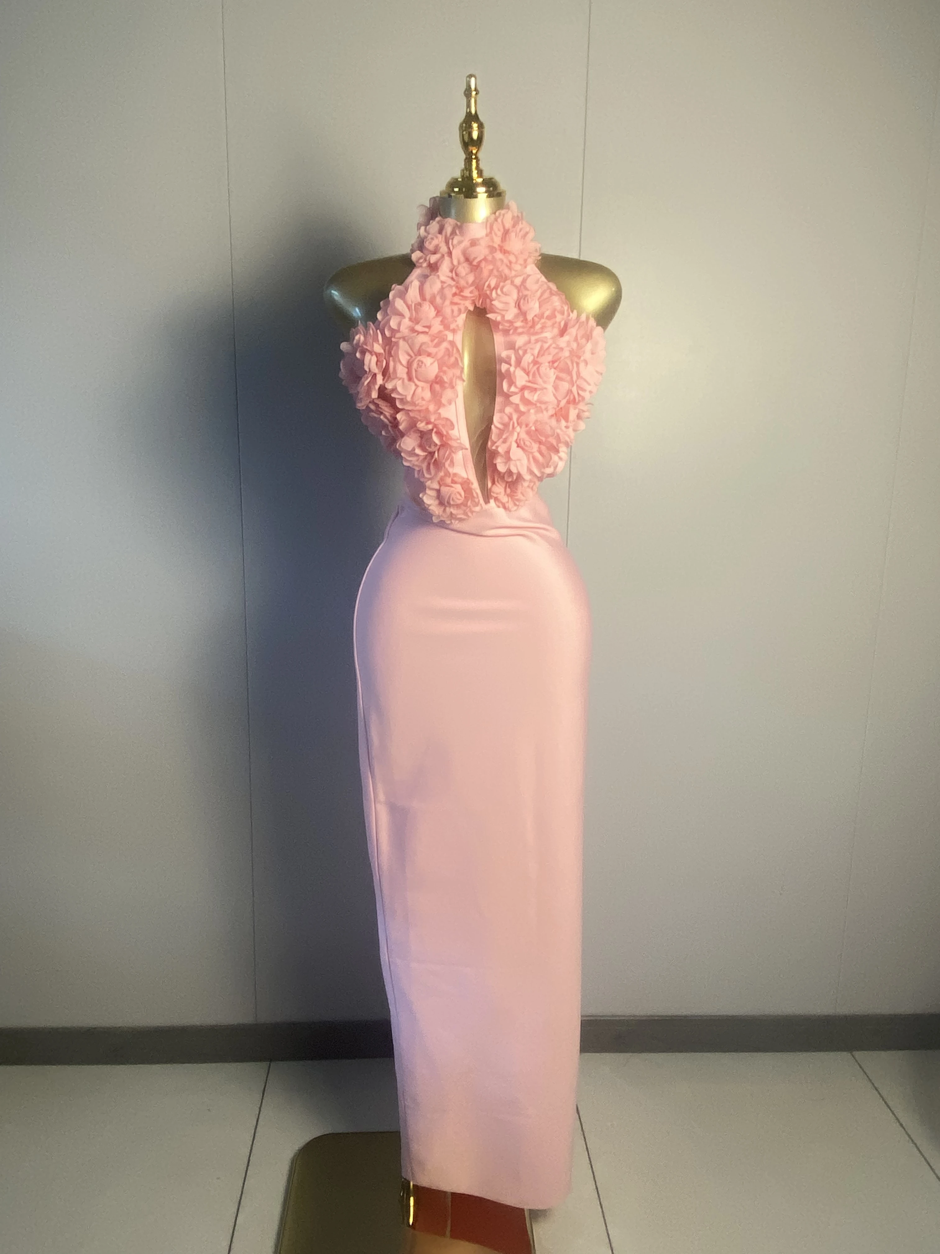 

New Women Sexy Halter 3D Flowers Pink Midi Bodycon Dress 2025 Elegant Evening Club Luxury Birthday Party Dresses