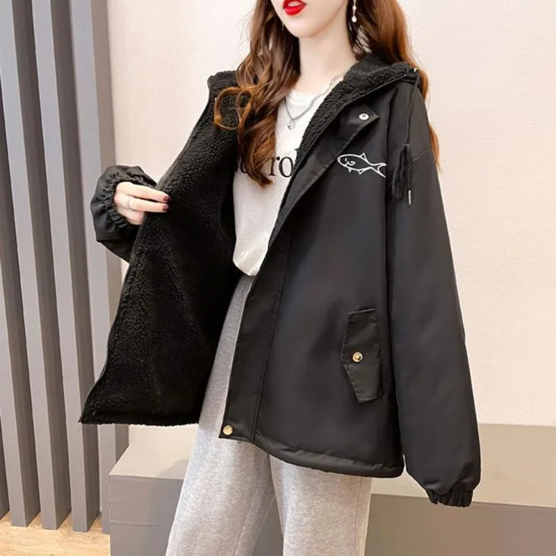 Spring Jacket Women Plush Velvet Imitation Lamb Hooded Coat Lovely Cat Anime Print Loose Korean Casual Youthful Outwear