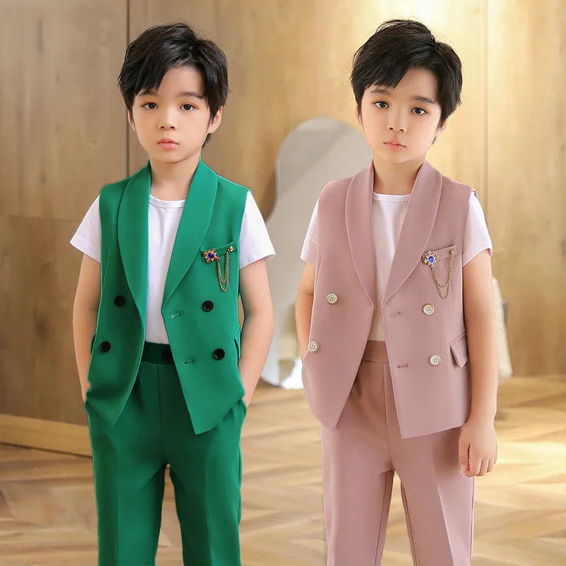 Boys Solid Color Suit Vest Pants Outfits Child Double Breasted Waistcoat Wedding Clothes Sets Toddler Formal Dress Kids Tuxedos