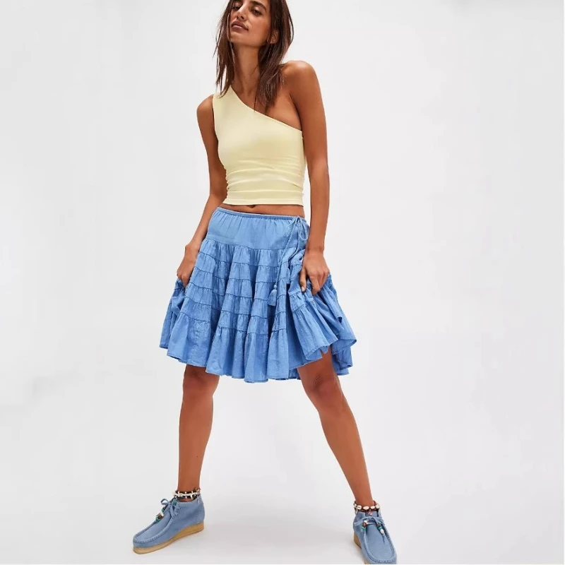 2026 Summer Hot Selling Solid Color Pleated Playful Elastic Waist A-line Skirt for Women