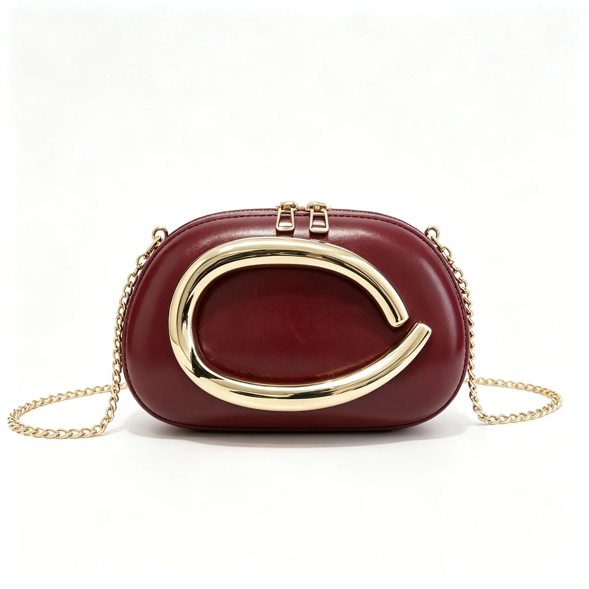 White Brown Black Red Coffee Burgundy Oval Gold Metal C-Ring Clutch Bag PU leather Chain Crossbody Evening Phone Purse for Women