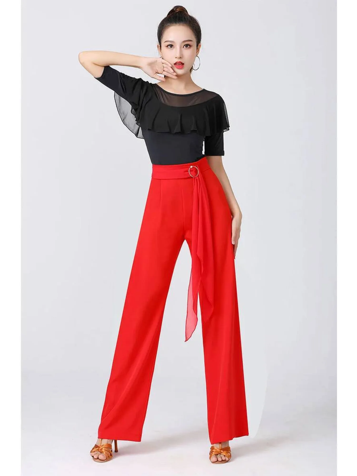 سروال رقص عالي الخصر وواسع الساق مع خصر ربطة عنق - بنطلون متدفق بلون سادة، بنطال جاز فاخر لأداء قاعة الرقص الحديث