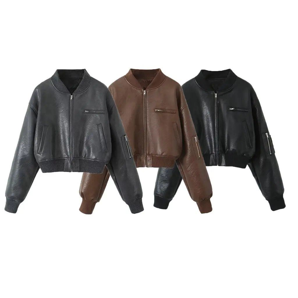 Dames Amerikaanse stijl retro rits jas jas warm katoen lange mouw PU leer mode winter bovenkleding