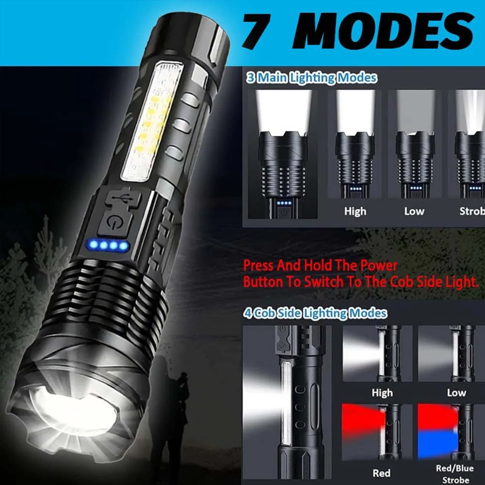 3pcs  LED Flashlights with side Work Light USB Rechargeable Zoomable High-Lumen Handheld Torches for Emergency, Outdoor, Camping