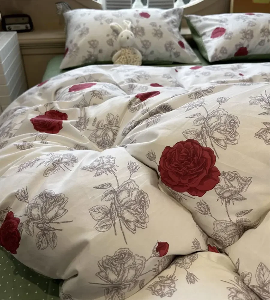 

Vintage pastoral flower red rose bedding set,twin full queen retro rustic cotton home textile bed sheet pillow case quilt cover