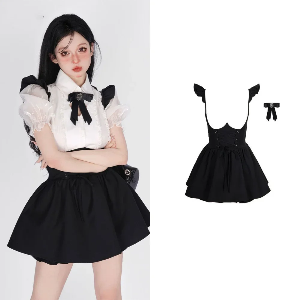 Summer Cute Girl Kawaii Two-piece Women Korean Stlye Elegant Pink Puffed Sleeves Heart Hollow Shirt + Black Suspender Mini Skirt