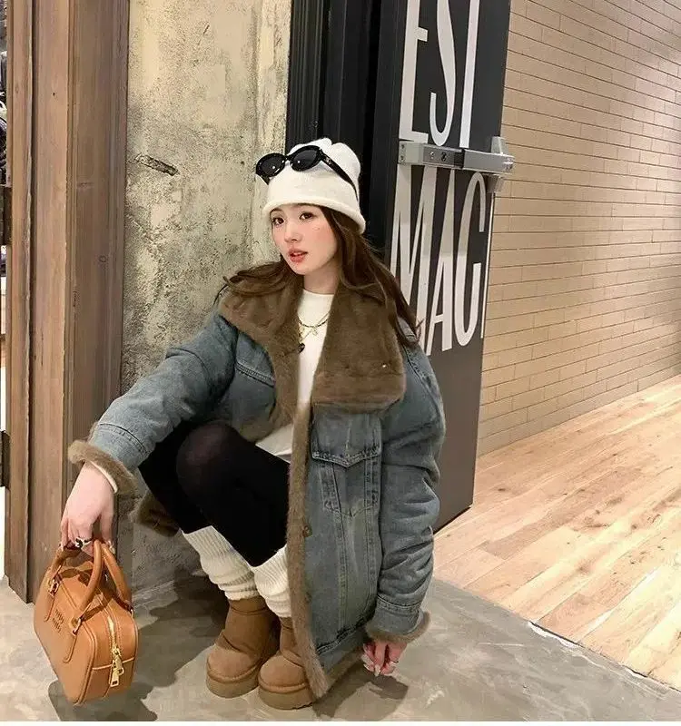 

Джинсовые пальто с длинным мехом, плюшевые женские осенние куртки Boxy Fit Sweet Cool Girl Style, легкие куртки на шнурке с защитой от запаха для колледжа