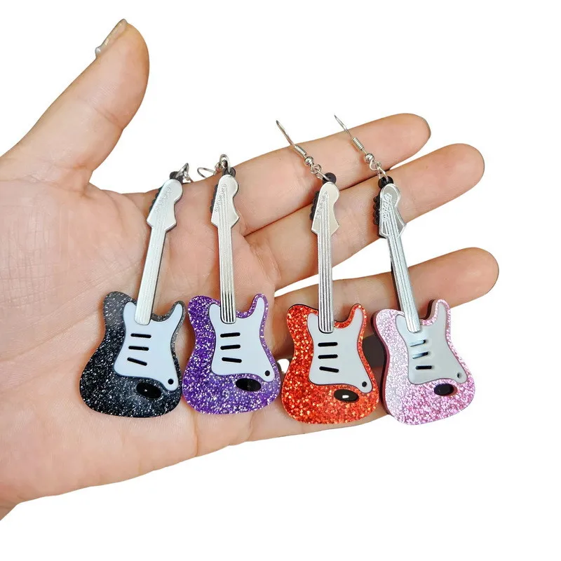 8.5CM Guitar Drop Hook Earrings For Women Pink Purple Black Red Epoxy Vintage Girls Cute Jewelry Gift Fishhook Style