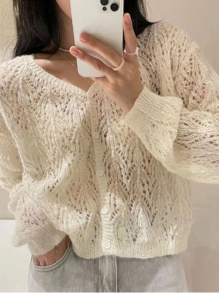 

Autumn Mohair Sweater Cardigan Women Long Sleeve V Neck Hollow Out Knitted Coat Female Elegant Casual Cropped Tops Ladies Gilet