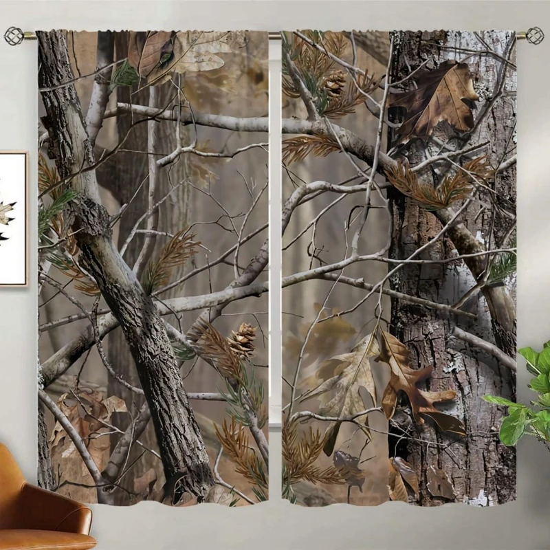 Camo Tree Blackout Curtains for Home Decor,Realistic Forest Camouflage Pocket Thermal Insulated Drapes Darkening Window Curtain