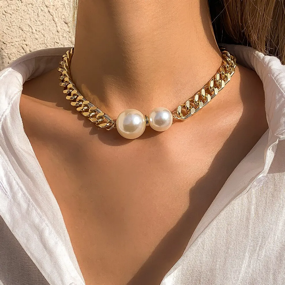 Vintage Punk Cuban Chains Necklaces Women Gothic Imitation-Pearl Pendant Necklace Girl Chokers Fashion Accessories Jewellery