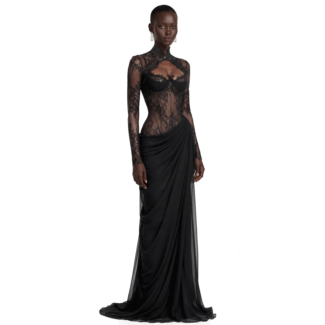 Vestido de Noche Cathy Personalizado Negro con Pliegues Drapeados, Malla Ilusoria, Vestidos de Noche con Encaje Bordado, Vestidos de Noche Sexys 2026
