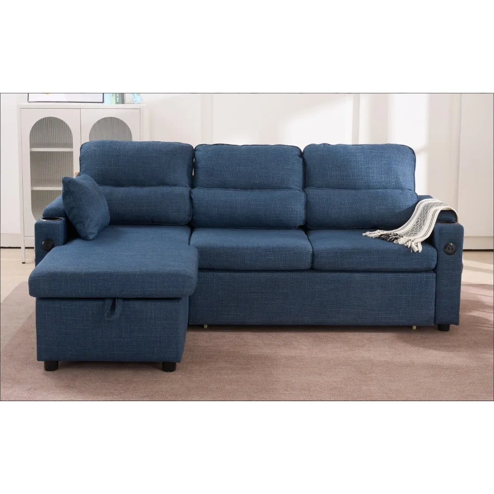 

L-Shaped Couches, Pull Out Sectional Futon Sofa Bed with Storage Space, USB Ports and Cup Holders, Convertible Sleeper Sofas