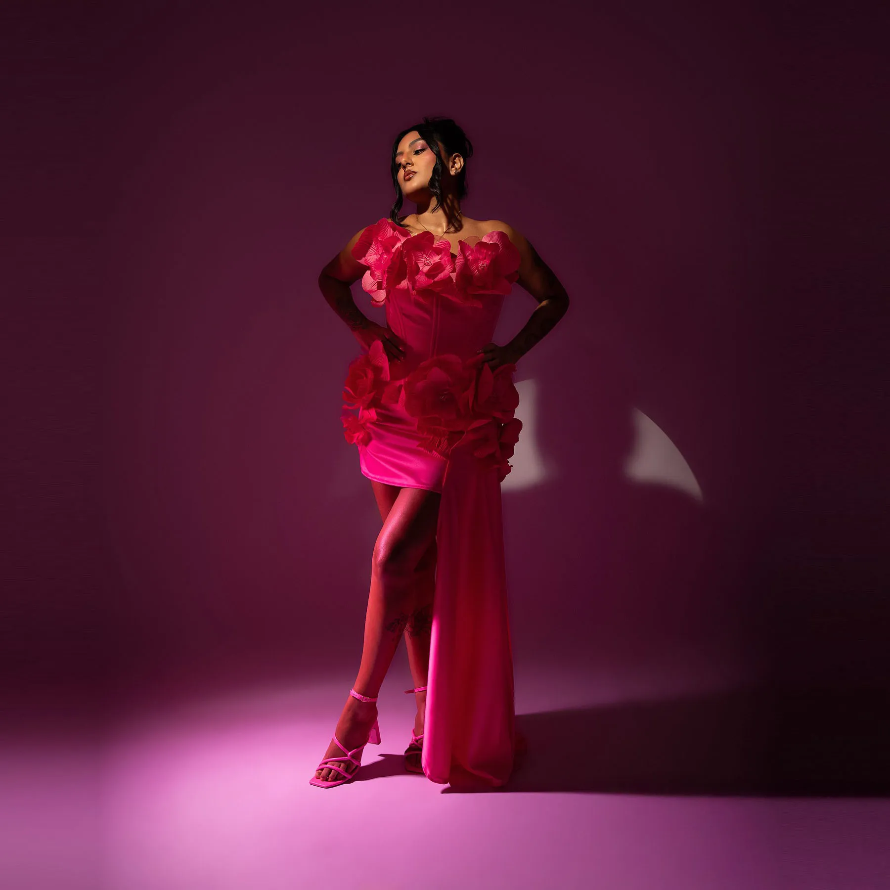 

Fuchsia Pink Floral Applique Strapless Mini Dress with Asymmetrical Train - 3D Flower Bodysuit for Party, Wedding Guest Birthday