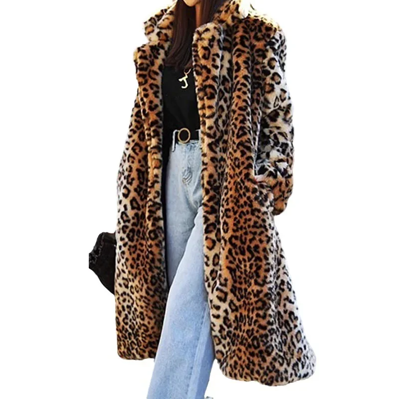Full Sleeve Coat Thick Warm Faux Fur Women Long Coats Autumn Winter Leopard Print Jackets Turn Down Collar Maxi Open Stitch