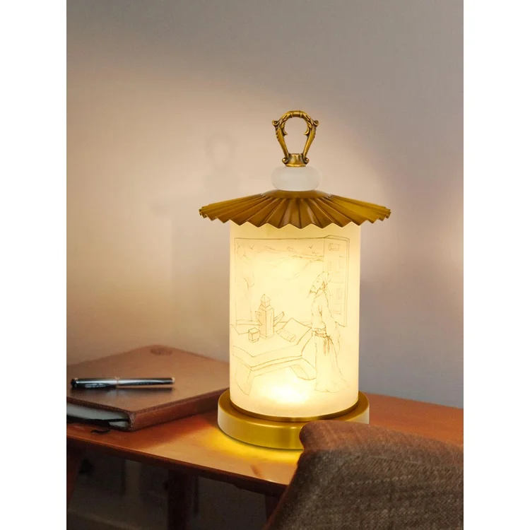 Lamp Zen Chinese Style Study Bedroom Bedside New Chinese Style Living Room Corner Copper Marble Calligraphy Lamps