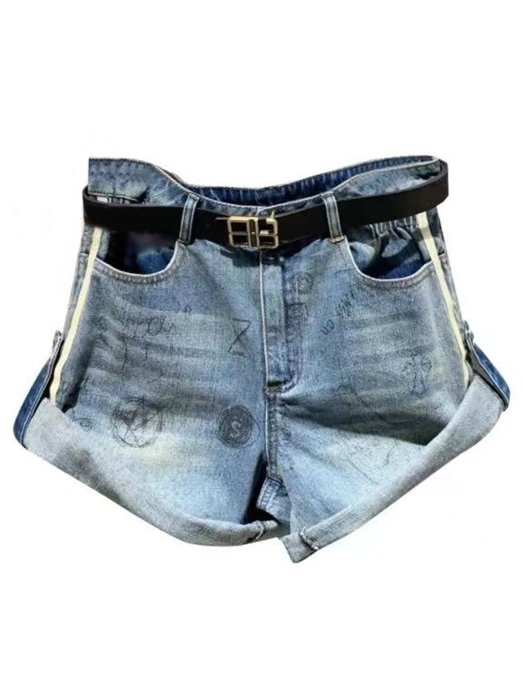 Retro Graffiti Print High Waist Wide Leg Denim Jeans Women's Summer New Small Size Cuffed Casual Shorts Fashionable Ladies