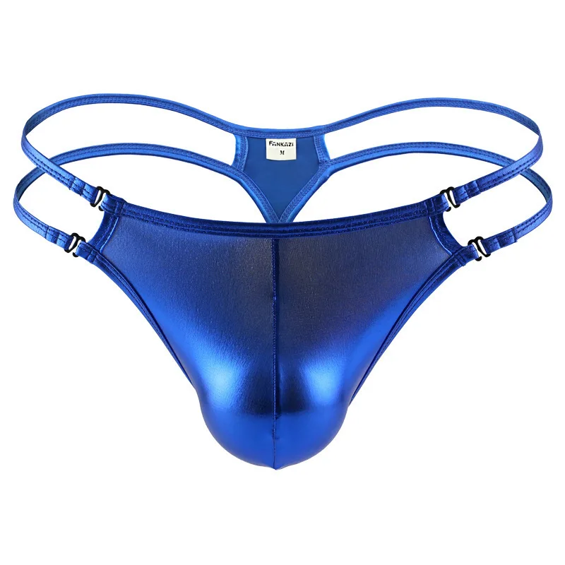 Men's Sexy Shiny Faux Leather Thong Gays Low Rise U Pouch Adjustable Strap See-Through Underwear, Plus Size T-Back for Young Men