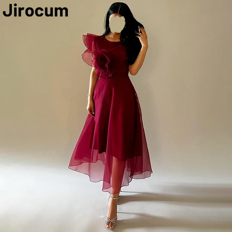 

Jirocum Burgundy Ruffled Prom Dress Women Floral Short Sleeve Fashion Party Evening Gown Tea Length 2024 Formal Occasion Dresses