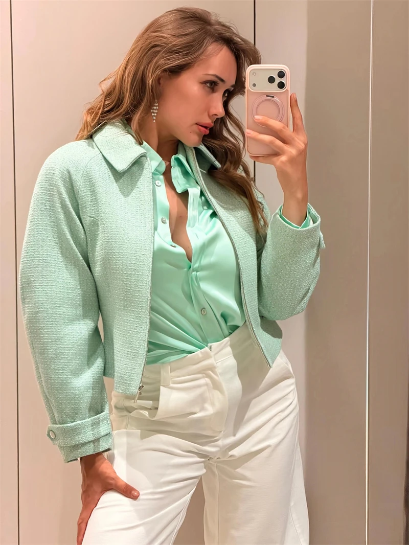 Guobioziy 2026 Spring and Autumn Women's Textured Jacket Light Green Zipper Design French Casual Trend Aesthetic Daily Wear