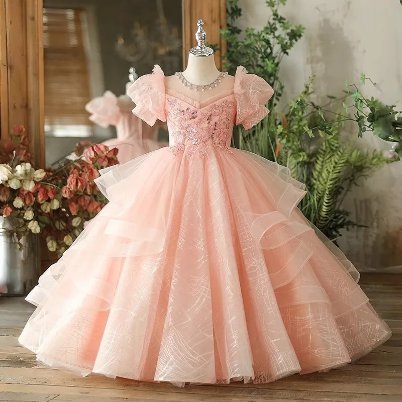 Pink Girls' Dress Luxurious Niche High-End Birthday Princess Puffy Dress Children's Host Piano Performance Dress