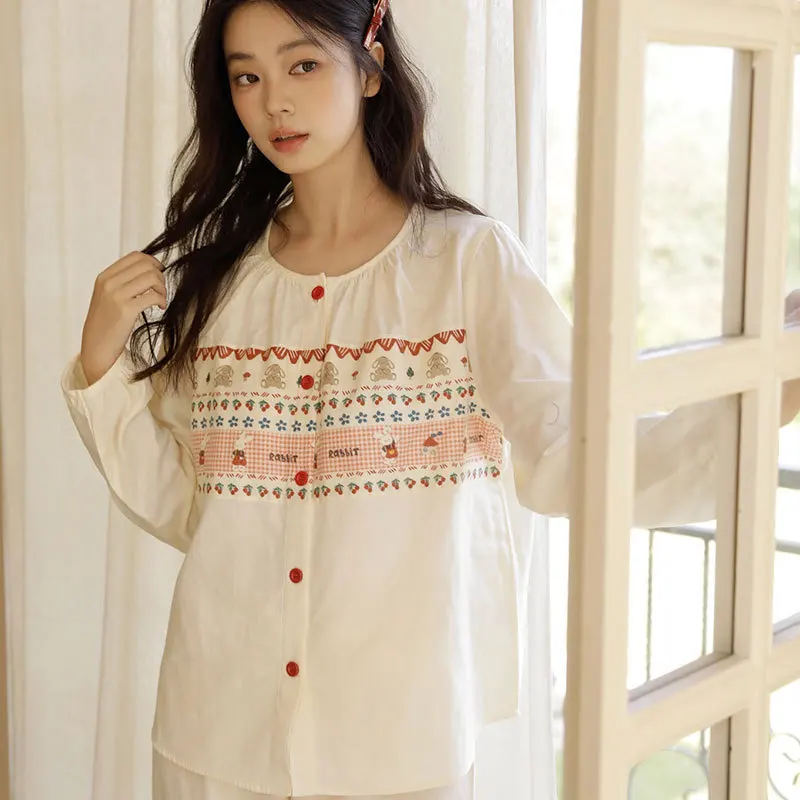 Cotton Double Gauze Pajama Set Women, Cartoon Strawberry Rabbit Print Long Sleeve Long Pants Loungewear, Soft Warm Home Clothes.