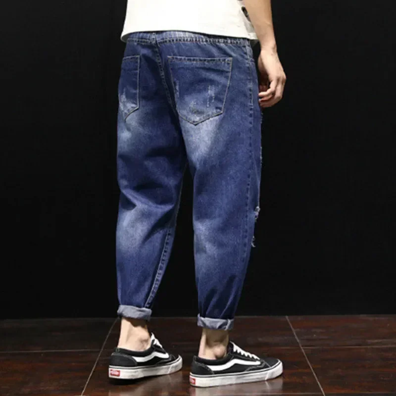 Men Summer Ripped Ankle Length Plus Size Jeans 38 40 42 Harem Holes Hip Hop Trousers Denim Scratched Loose Boys Cool Blue Pants