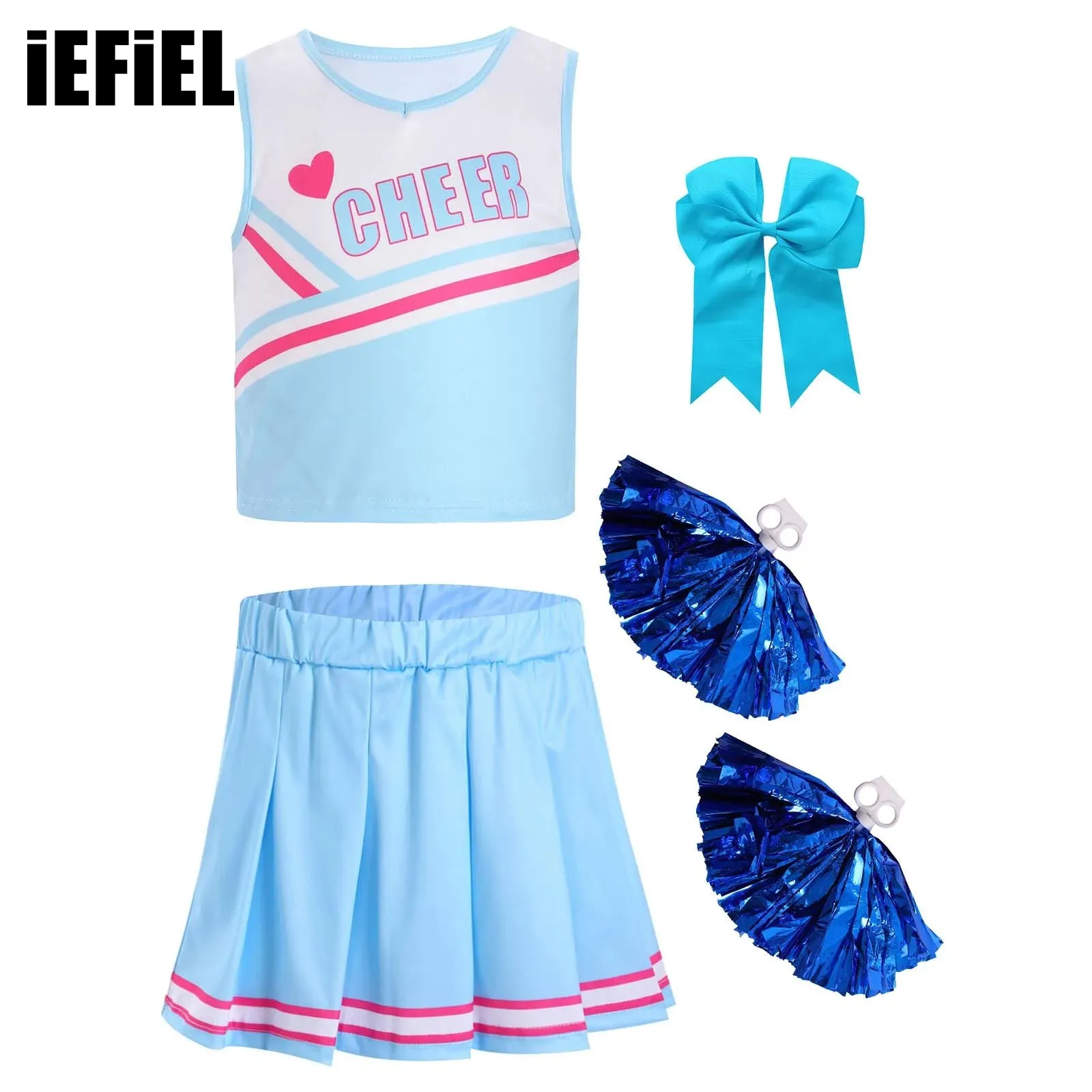 

Kids Girls Cheerleading Outfit Sleeveless Letter Print Crop Top Ruffled Skirt 1Pc Bowknot Headwear 2Pcs Pompoms Hand Flowers