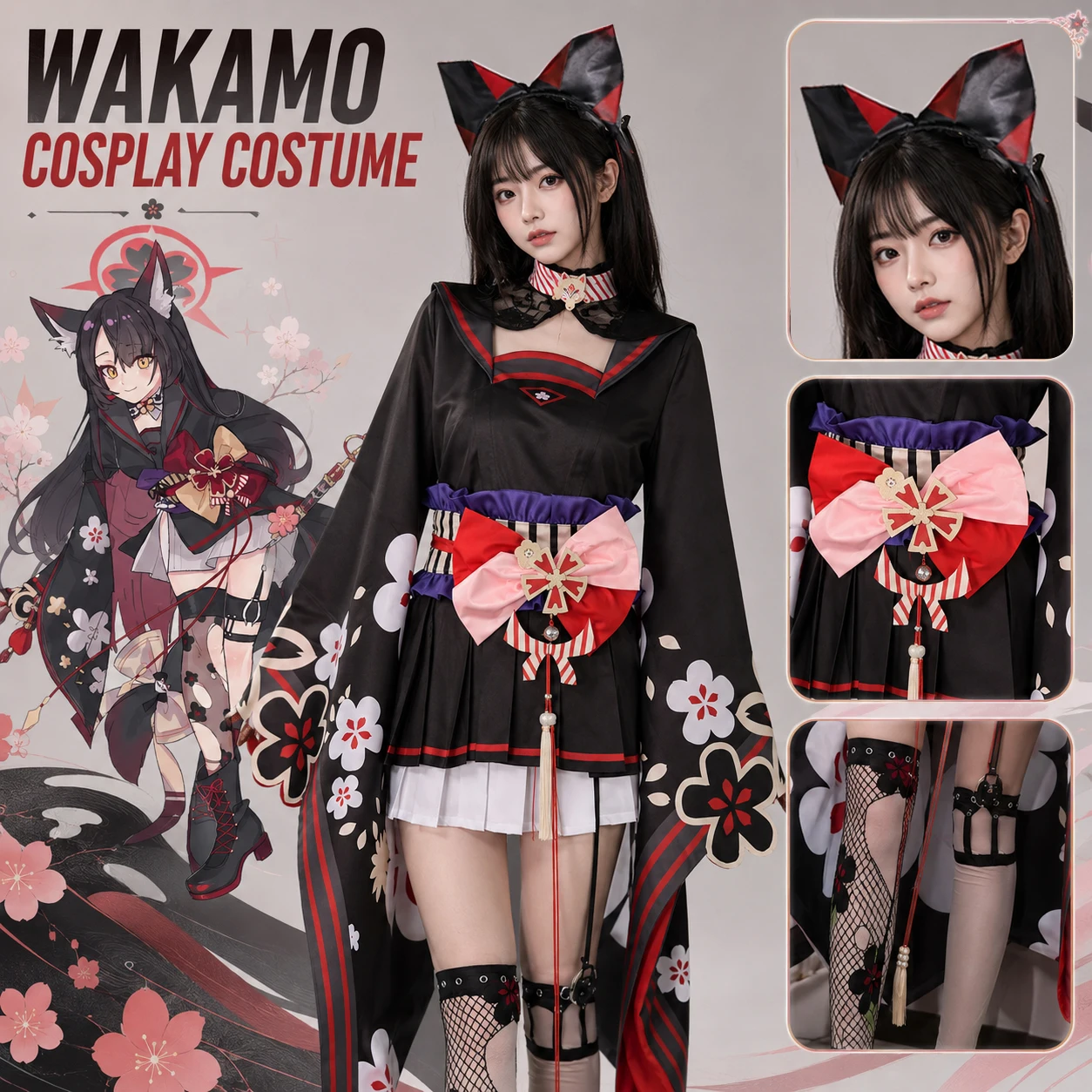 Game Wakamo Kosaka Blue Archive Style Fox Mask Kimono Cosplay Full Set Costume Outfit Unisex Halloween Party Stage Performance