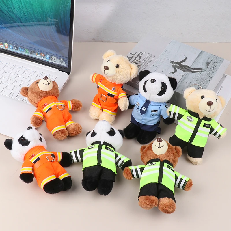 Traffic Police Small Bear Panda Plush Toys Keychain Police Firemen Animals Keyring Pendant Car Backpack Charms Bag Decor Gifts