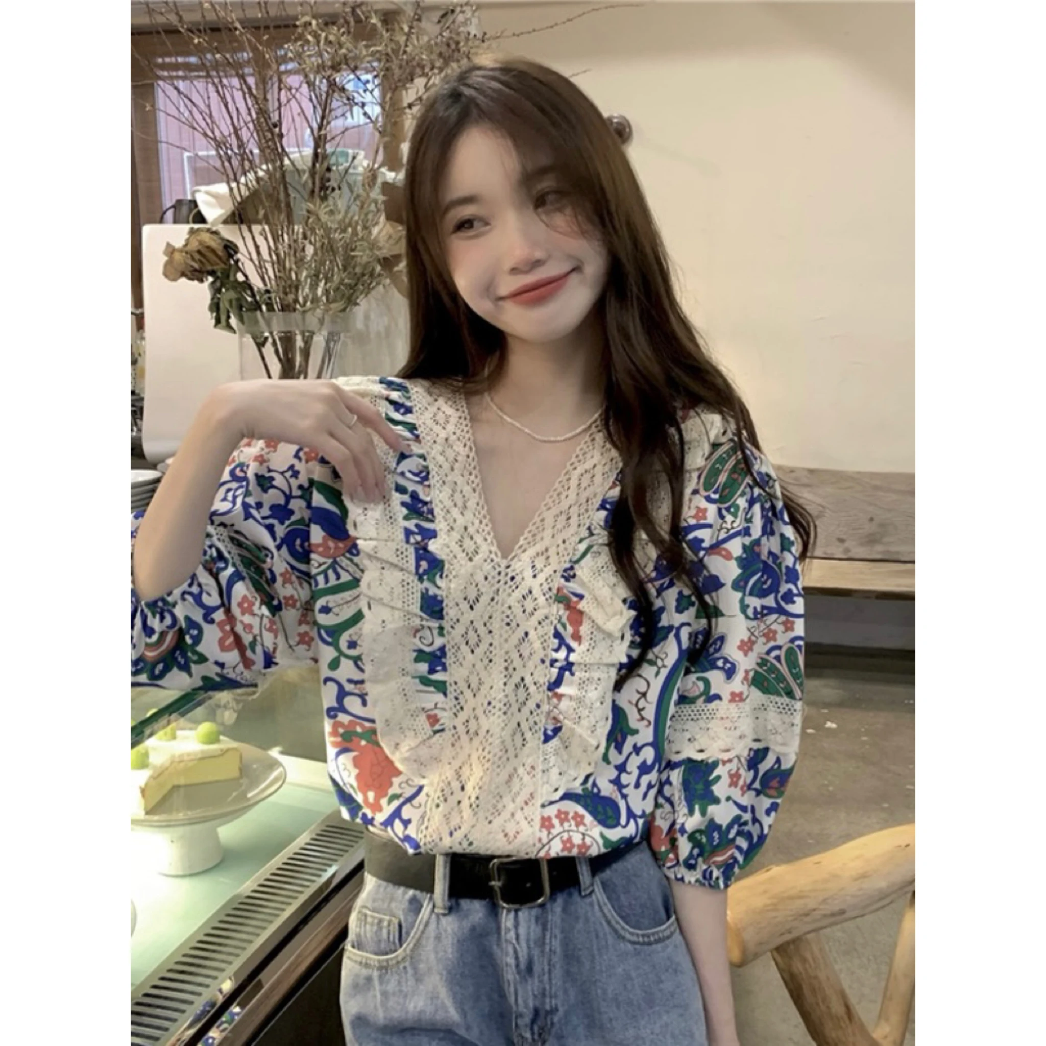 

Blouse Women Summer 2024 New Office Lady Korea Style Vintage Patchwork Floral Print Lace Knitted Blusas Womens Tops And Blouses