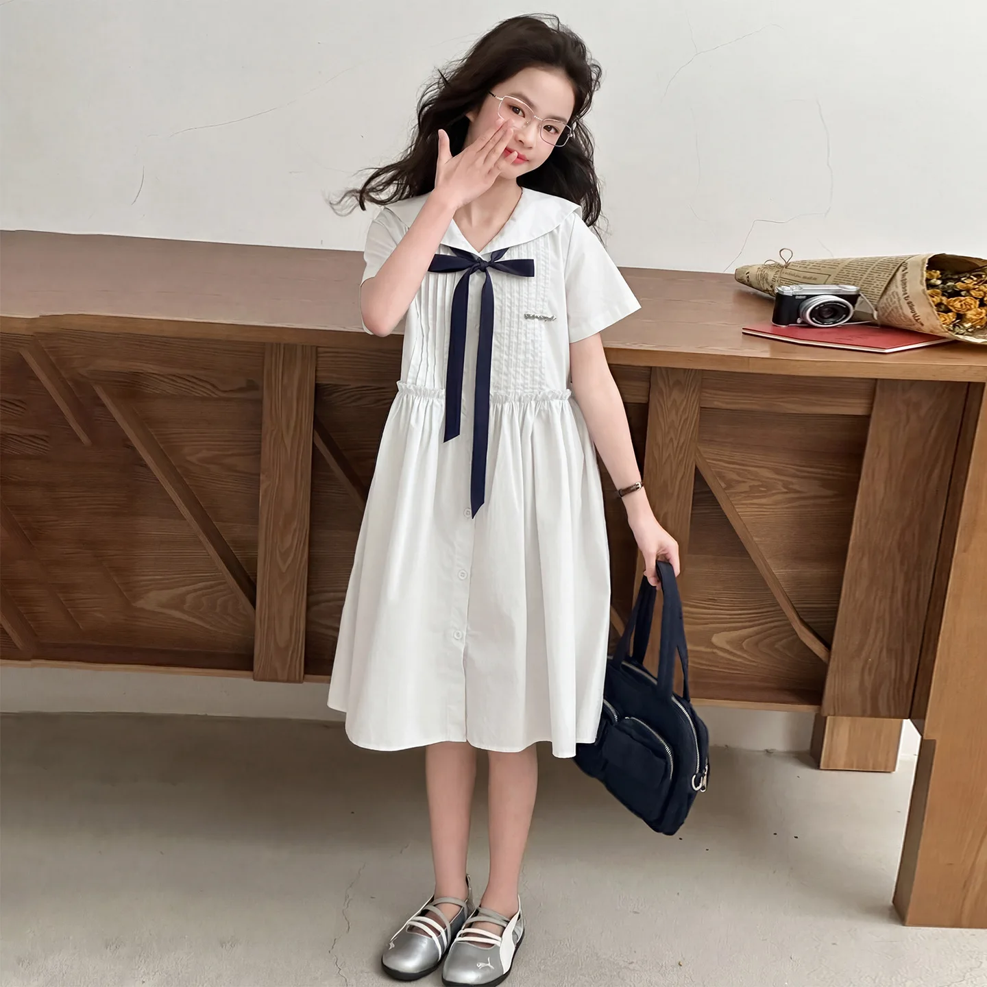 2026 Summer Dresses White kid baby party mesh princess Girls Mid Long JK bow sailor collar teens dress 4 6 8 to 10 12 14 Years